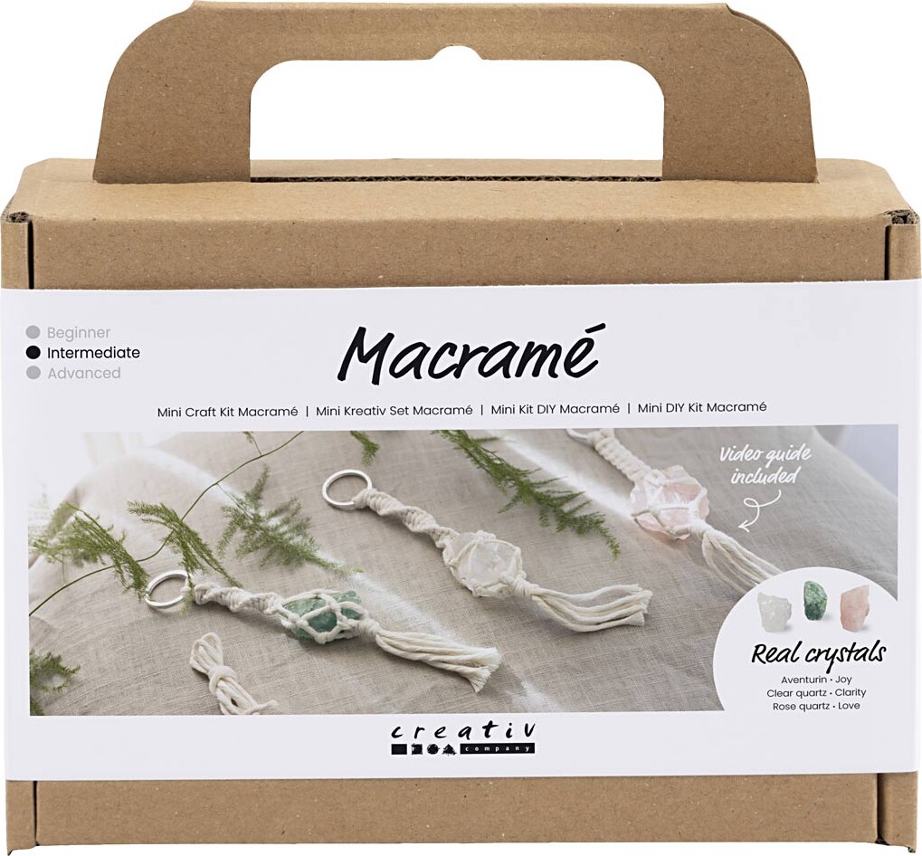 Mini Diy Macramé Kit - Nøglering - Mat Transparent - Støvet Grøn Sart Rosa Lys Natur