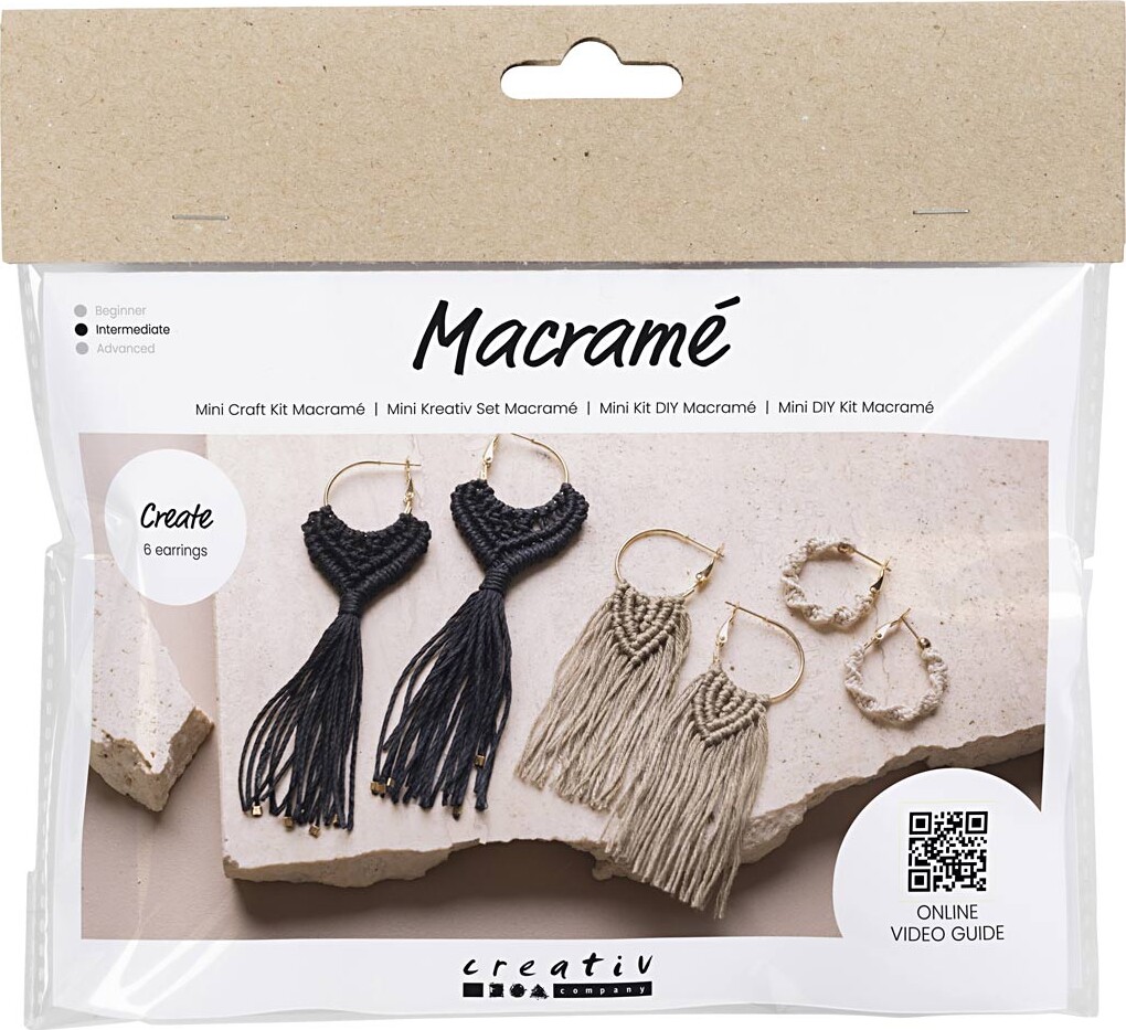 Mini Diy Macramé Kit - øreringe - Sort - Olivenbrun - Sand