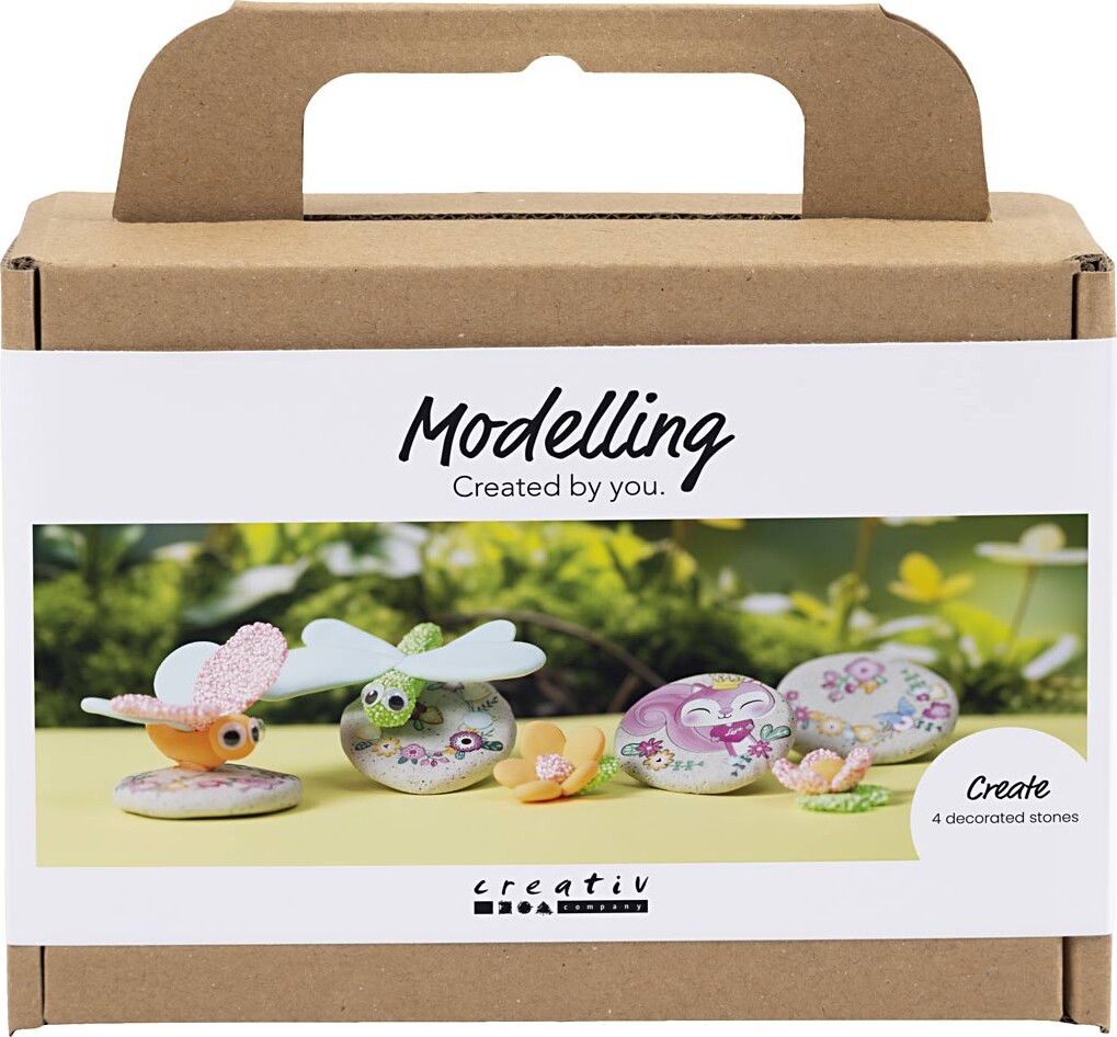 Mini DIY Kit Modellering, Sten med insekt, grå, lys pink, lys turkis, 1 pk.