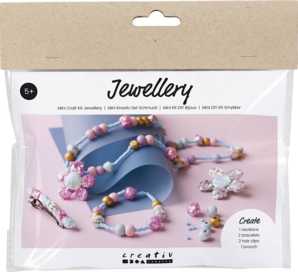 Mini Diy Kit Smykker - Halskæde - Armbånd - Spænder - Broche - Blå - Lys Blå - Pastelpink - 1pk.