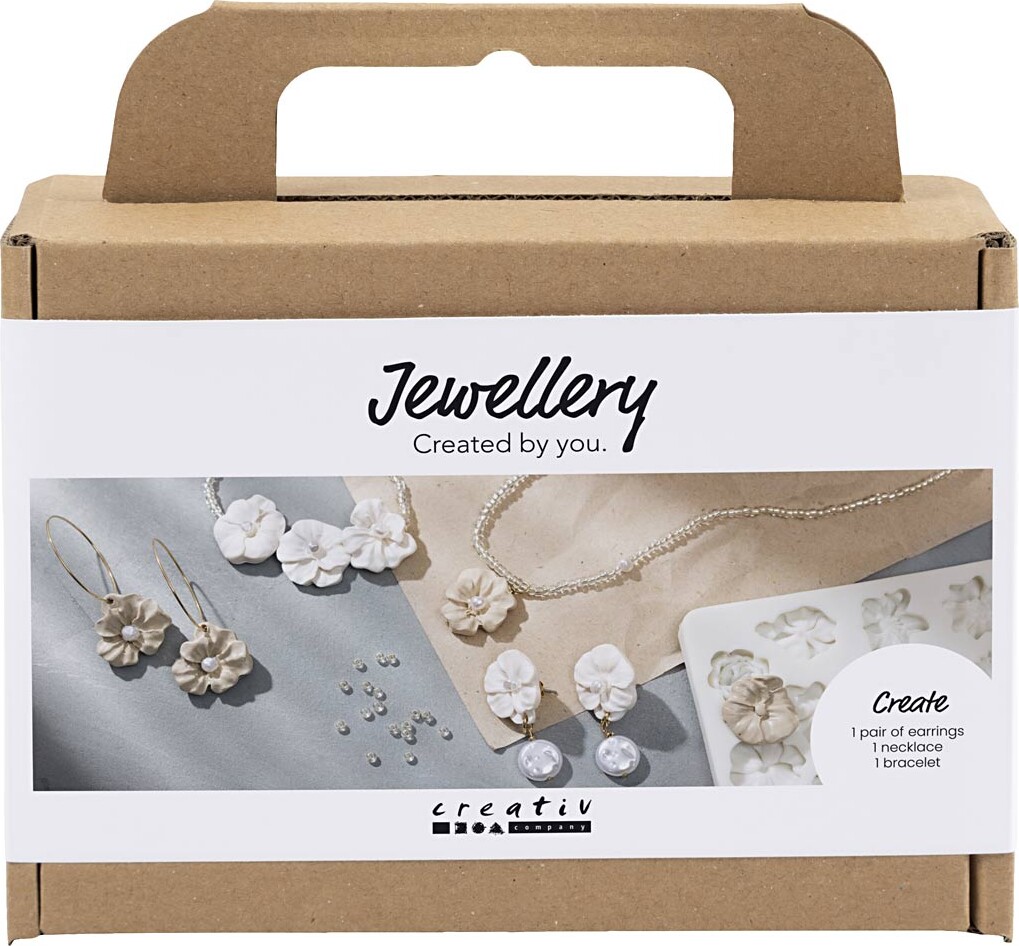 Mini Diy Kit Smykker - øreringe - Armbånd Og Halskæde Med Blomsterdesign - Beige - Lys Pudder - Varm Beige billede