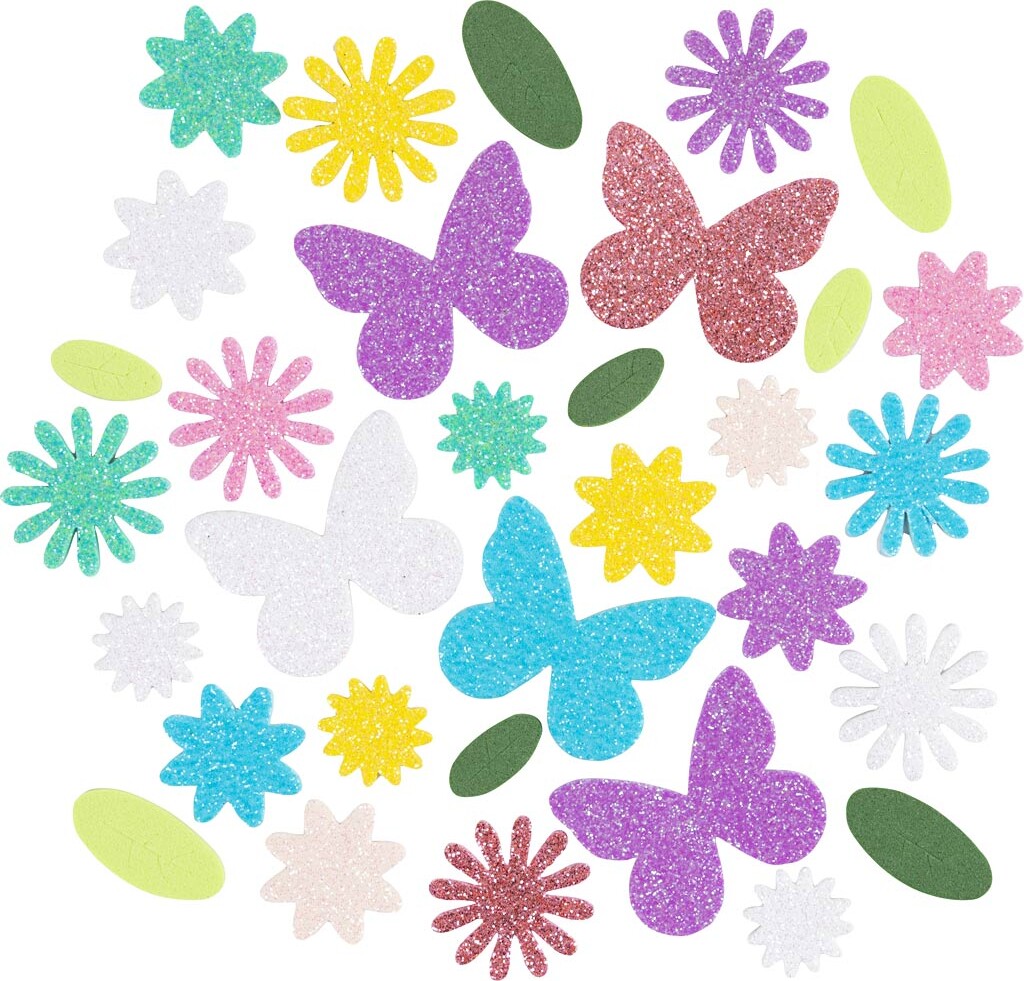 Mosgummi Klistermærker - Sommerfugl - Blomst - Blad - Selvklæbende - Str. 9-43 Mm - Pastelfarver - 120 Stk.