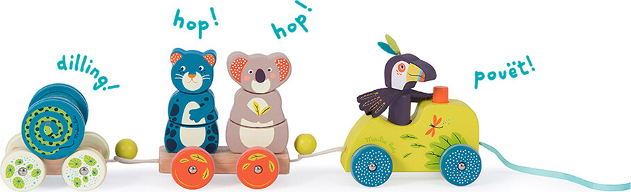 Moulin Roty - Aktivitetstog Med 2 Vogne, 3 Stablefigurer Og Rangle