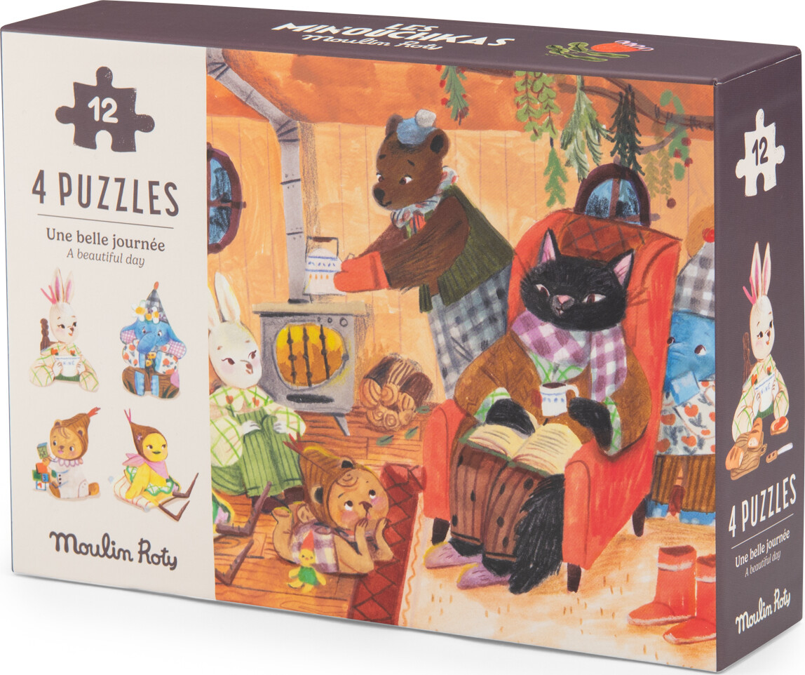 Moulin Roty - Mini Puslespil 4 X 12 Brikker - En Fantastisk Dag - Les Minouchkas