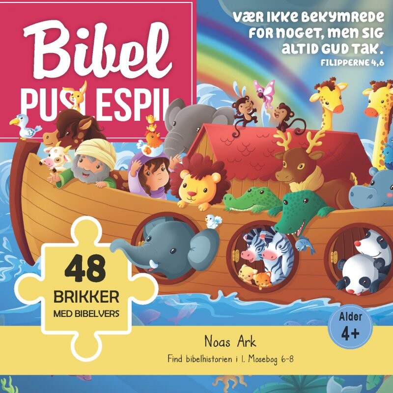 Bibel Puslespil Med Bibelvers - Noas Ark - 48 Brikker
