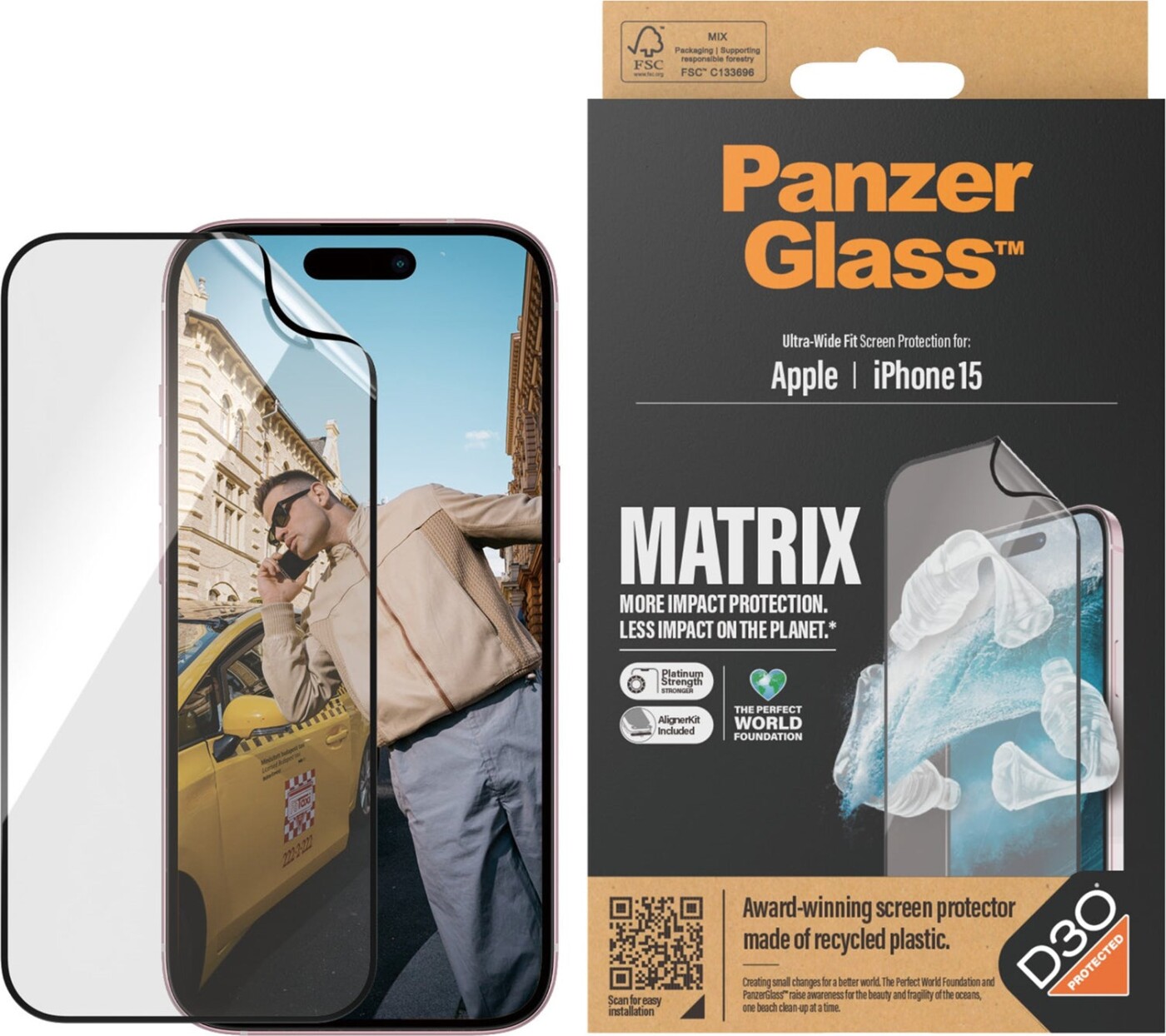 Panzerglass - Eco Matrix Screen Protector With D3o Iphone 15 - Ultra-wide Fit W. Alignerkit