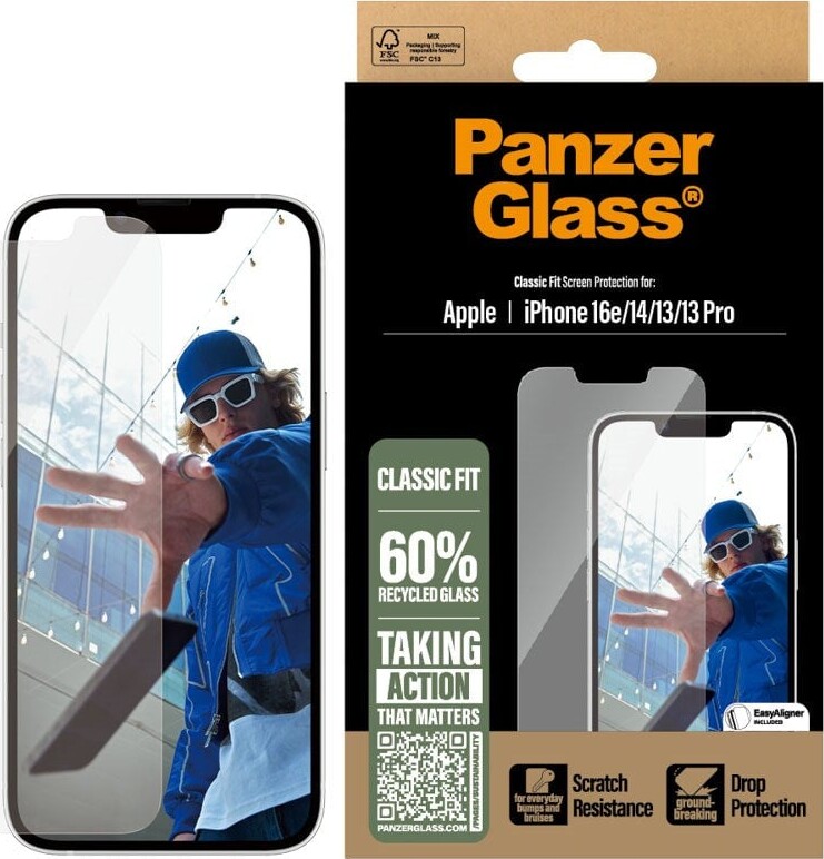 PanzerGlass - Skærmbeskytter for mobiltelefon - klassisk pasform med EasyAligner - glas - For Iphone 16e /14/13/13 Pro