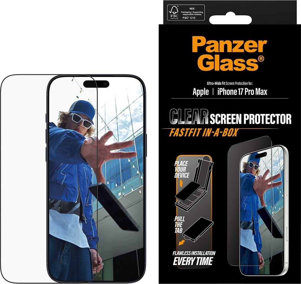 PanzerGlass Screen Protector w. Black Frame iPhone 17 Pro Max | Ultra-Wide Fit w. FASTFIT IN-A-BOX