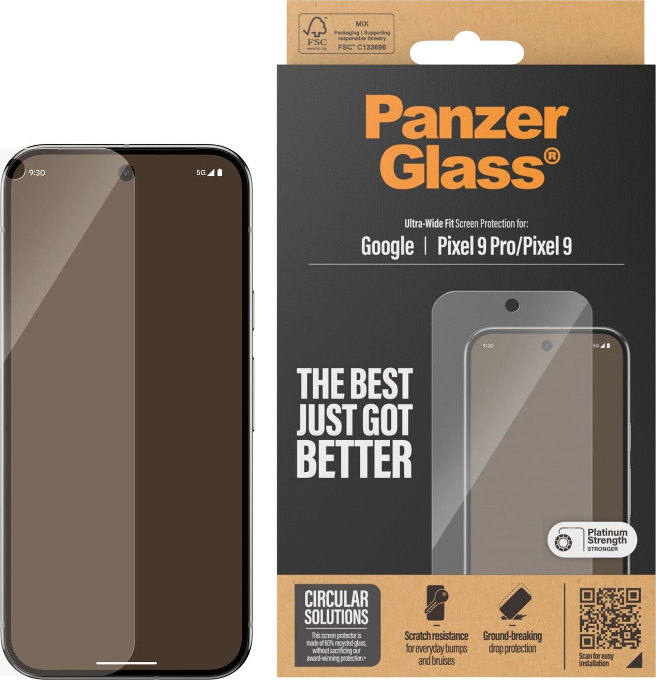 PanzerGlass - Skærmbeskytter for mobiltelefon - ultrabred pasform - glas - for Google Pixel 9, 9 Pro