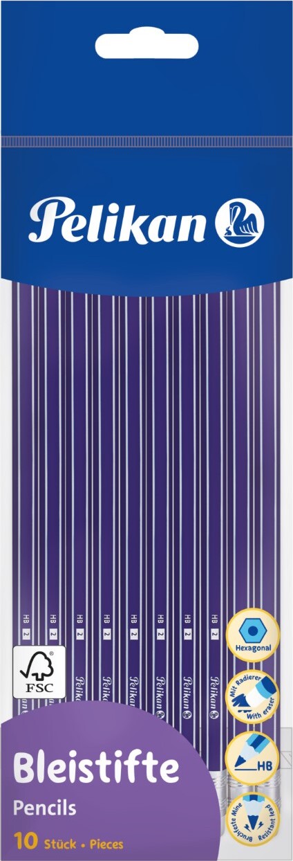 Pelikan - Blyanter Med Viskelæder - Hårdhed Hb - Blå - 10 Stk