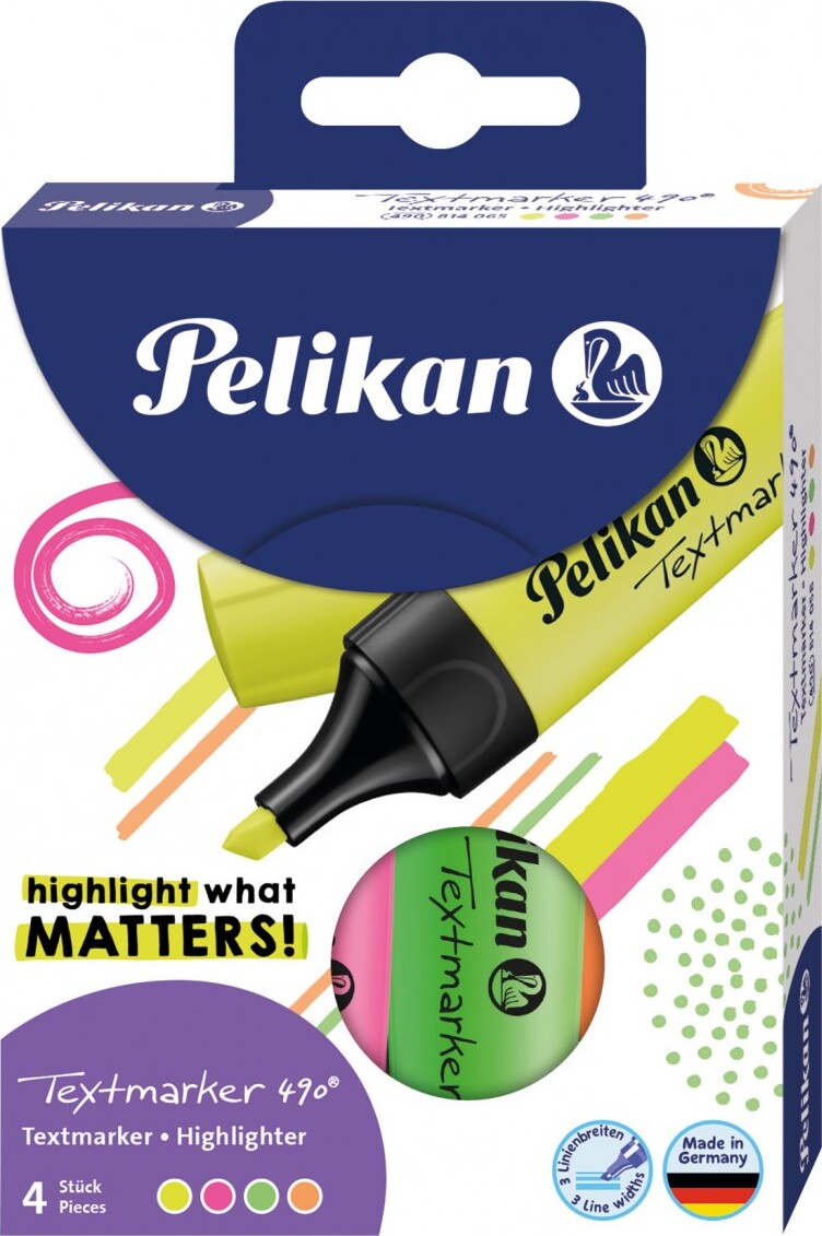 Pelikan Textmarker 490, 4 stk, Grøn, Orange, Lyserød, Gul, Flere, Vandbaseret blæk, Kasse