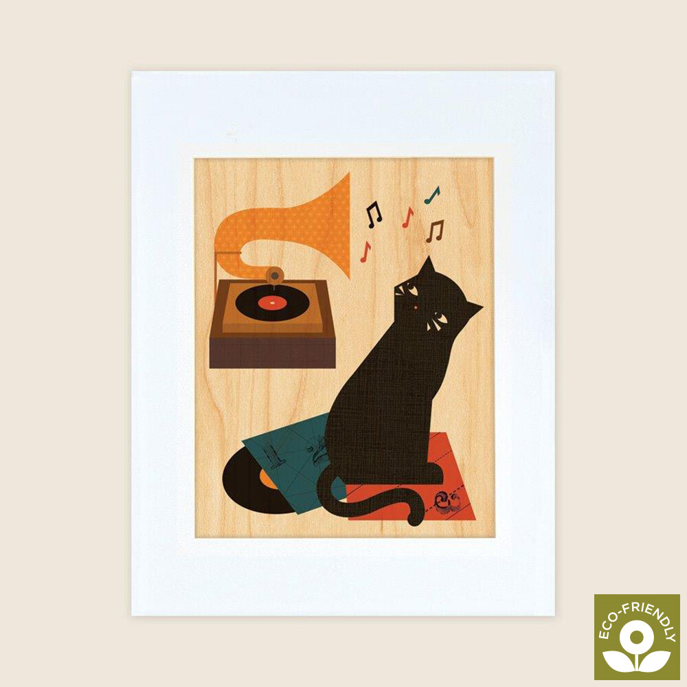 Petit Collage - Stort Print På Træ - Musik Kat