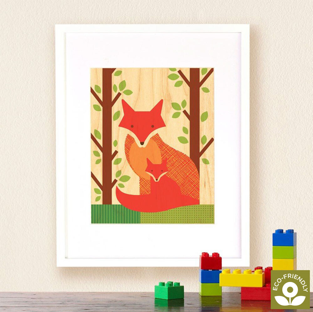 Petit Collage - Stort Print På Træ - Ræv Med Unge