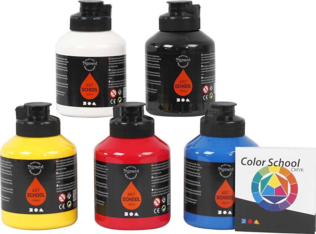 Akrylmaling Sæt - Vandbaseret - Halvblank - Primærfarver - 5x500 Ml