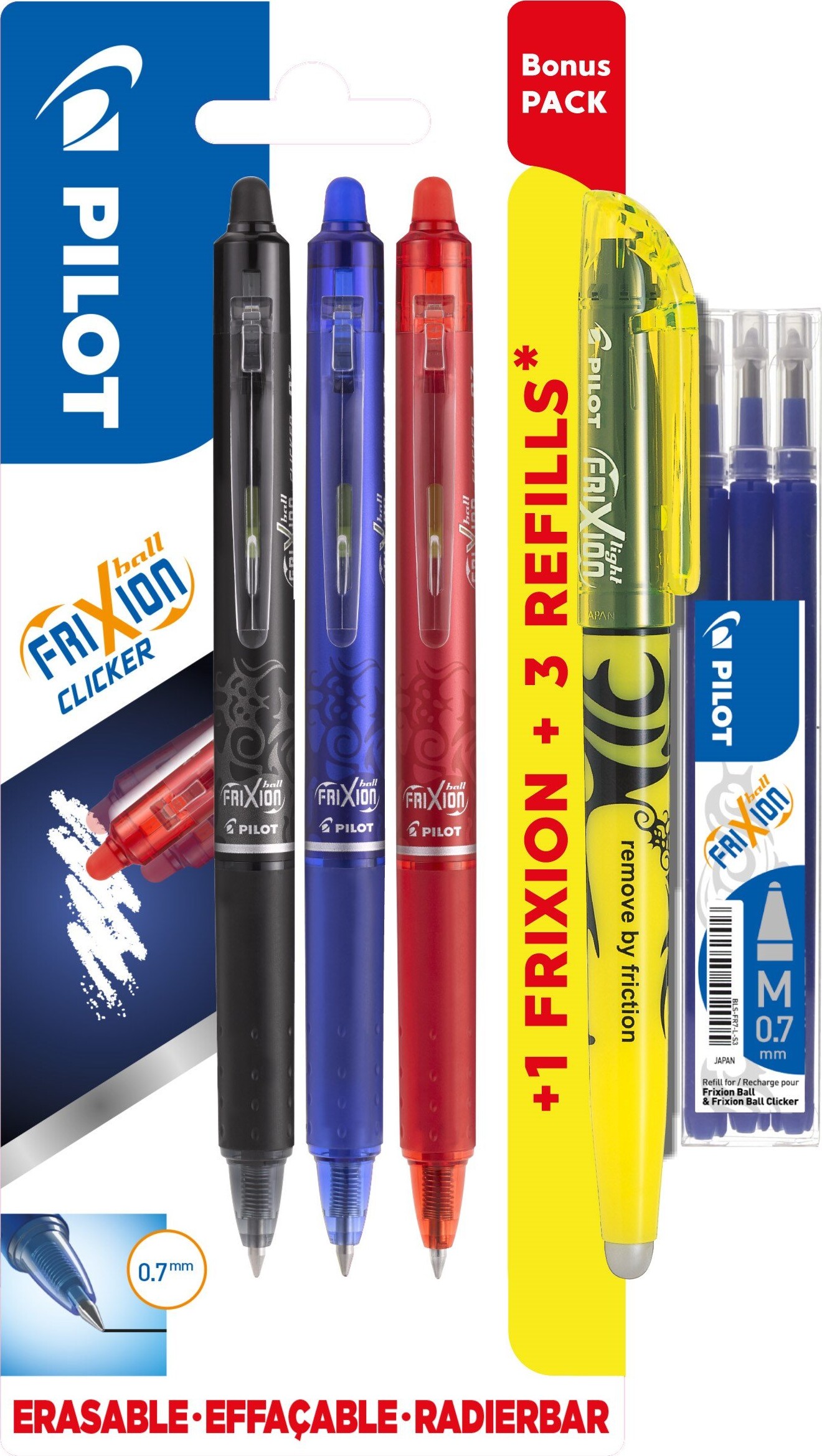 Pilot - Frixion Clicker Pens M/klik 0,7 Bonuspakke 3+light+refillset