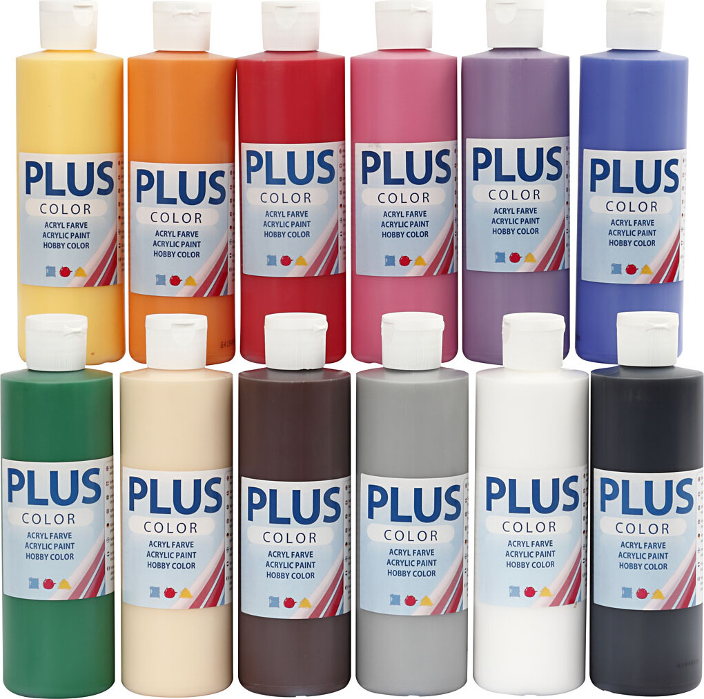 Plus Color Hobbymaling - Akrylfarver - Standardfarver Sæt - 12x250 Ml