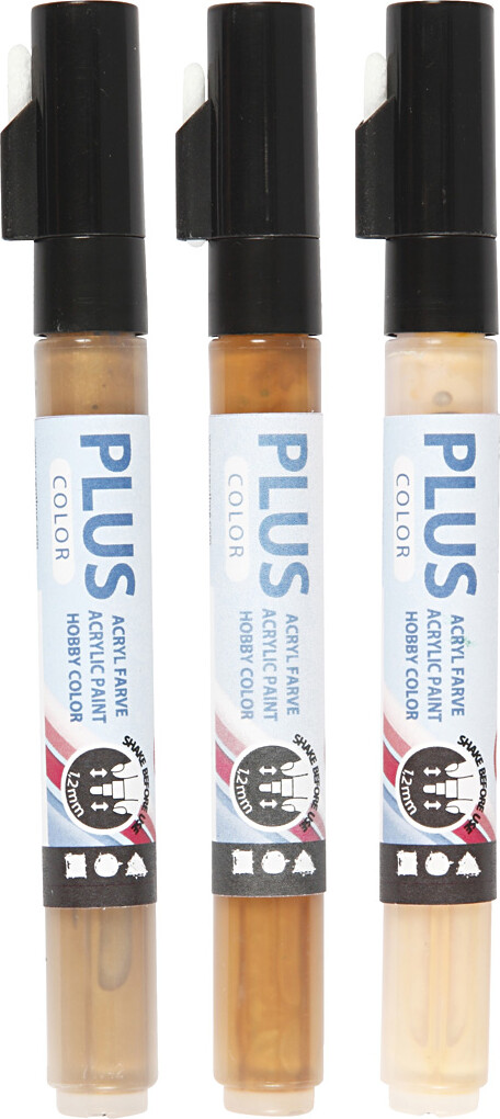 Plus Color Tusch - L 14,5 Cm - Tykkelse 1-2 Mm - Lys Pudder - Guld - Raw Sienna - 3 Stk. - 5,5 Ml