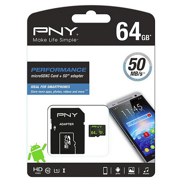 PNY Pny - Micro Sd Kort Med Adapter 64gb 50 Mb/s Uhs-1 I Class 10 Sort