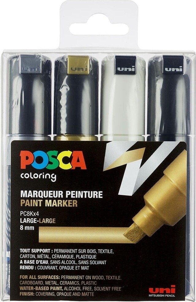Billede af Posca Tusser - Large - Guld, Sølv, Sort Og Hvid