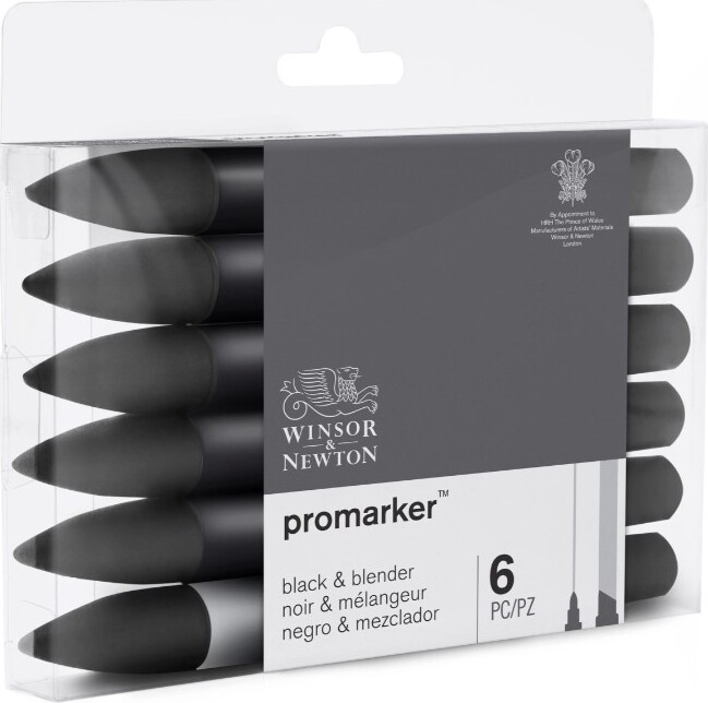 Winsor & Newton - Promarker Tusser - Sort + Blender - 6 Stk
