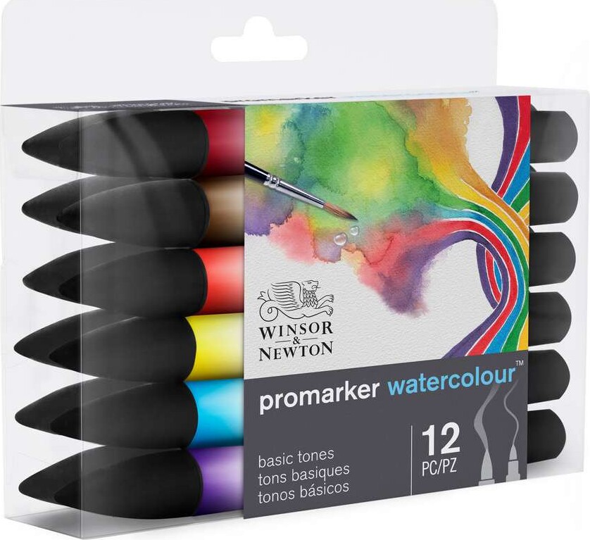 Promarker Watercolour Markers - 12 Vandfarve Tusser - Basic - Winsor & Newton