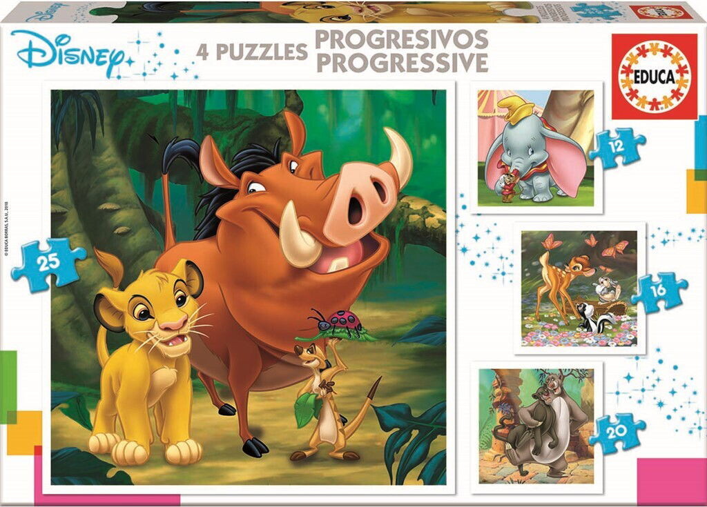 Educa - Disney 4 Puzzles Progressive - 12-25 Brikker - 4 Puslespil