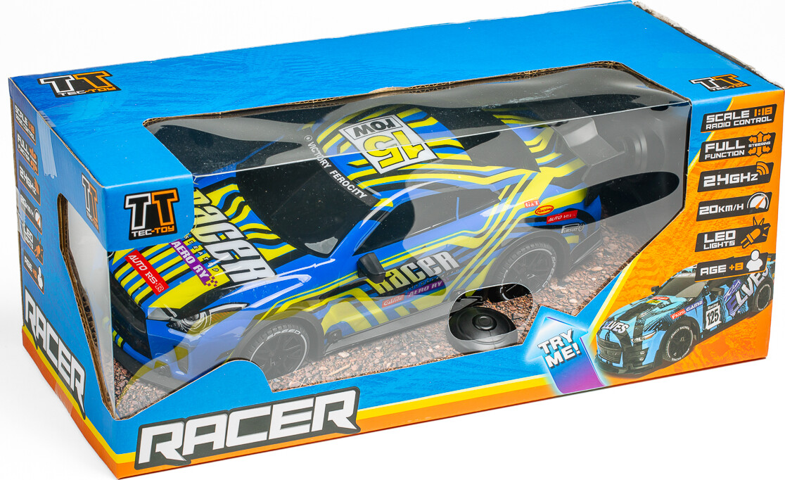 Tec-toy - Racer R/c Bil Med Lys - 1:18 - 2,4 Ghz - 20 Km/t - Blå Gul