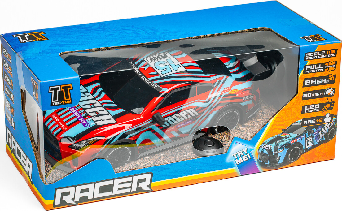 Tec-toy - Racer R/c Bil Med Lys - 1:18 - 2,4 Ghz - Rød Blå