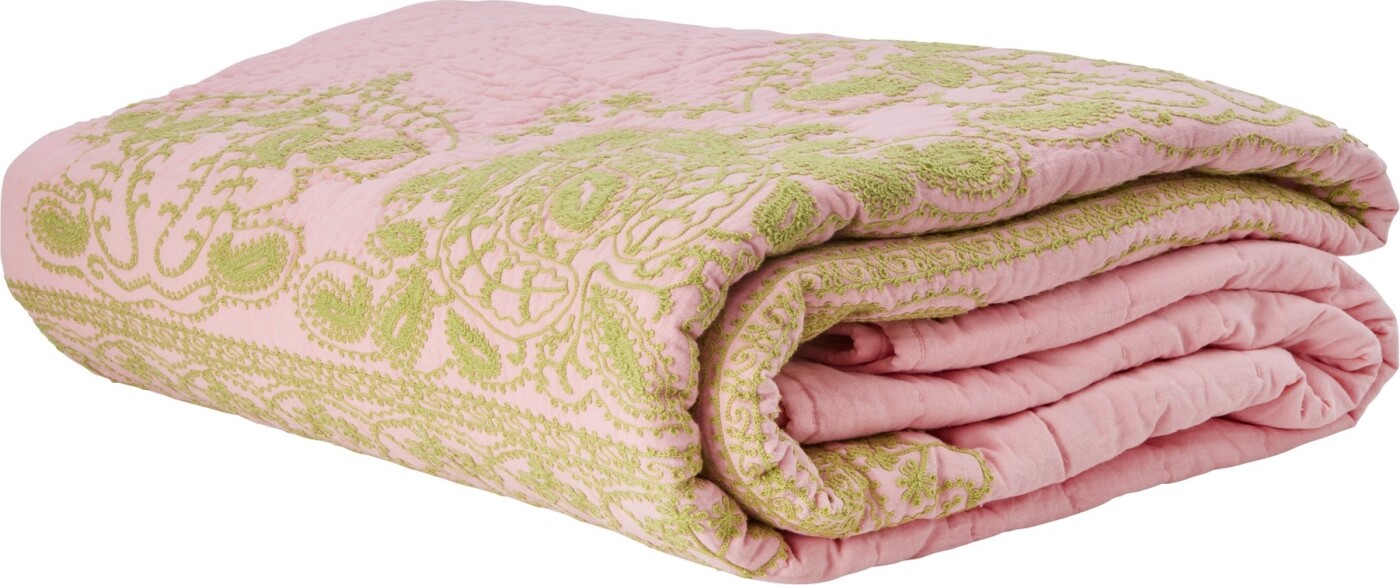 Rice - Cotton Quilt Bedspread In Soft Pink With Green Embroidery