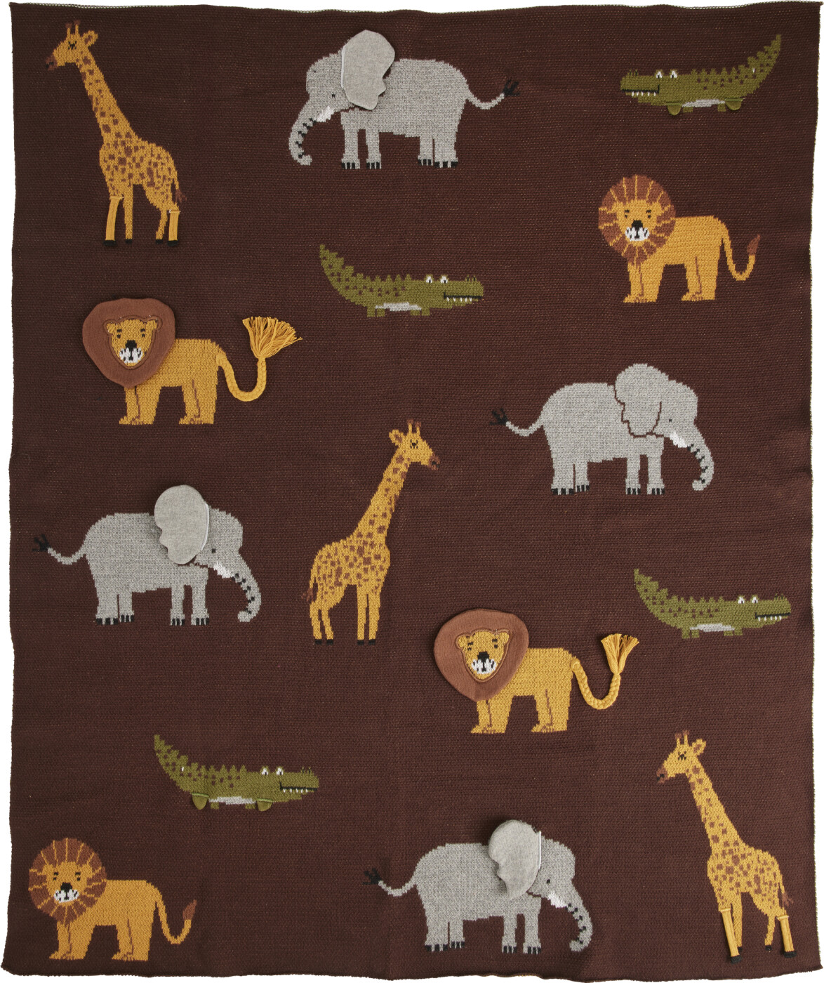 Rice - Knitted Baby Blanket With Animals And 3d Details - Chocolate Brown
