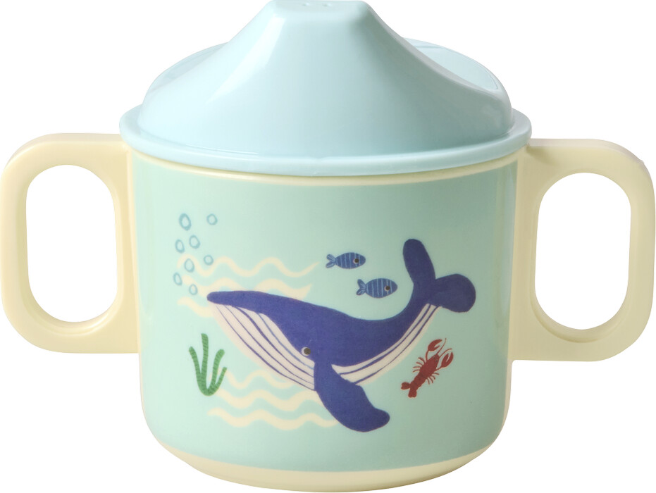 Rice - Melamine 2 Handle Baby Cup With Lid - Blue Ocean Print - 250 Ml