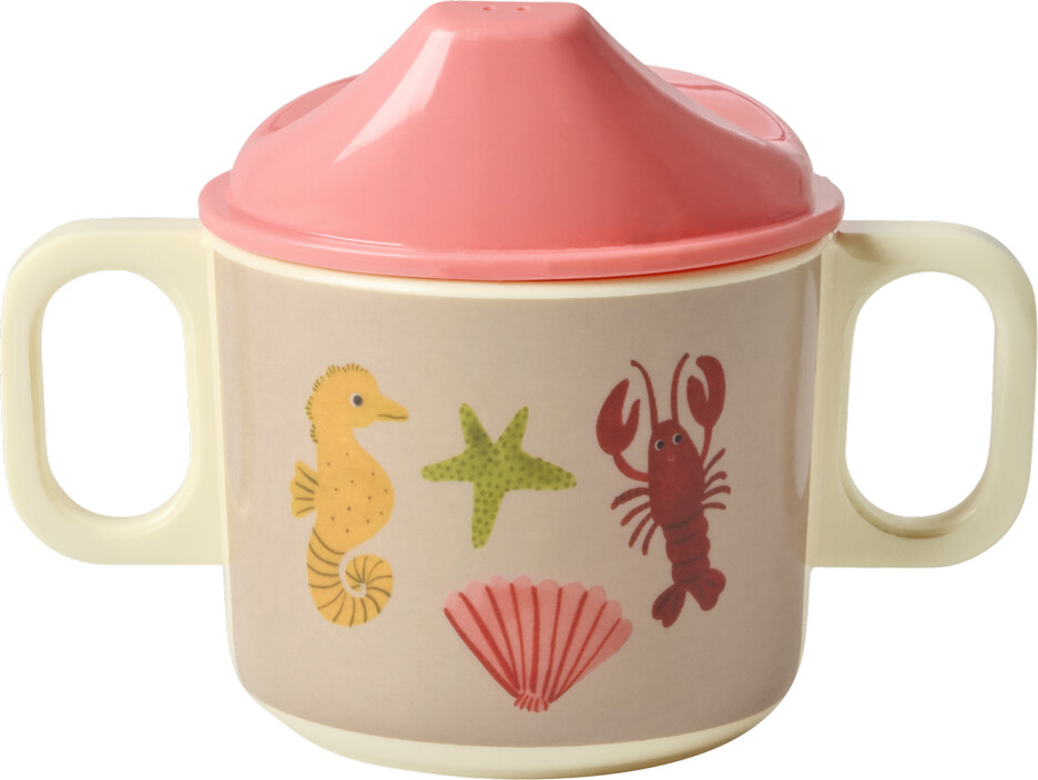 Rice - Melamine 2 Handle Baby Cup With Lid - Coral Ocean Print - 250 Ml