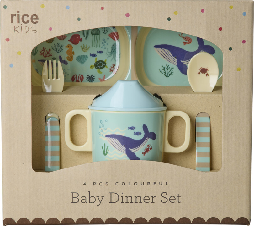 Rice - Melamine Baby Dinner Set - Blue Ocean Print - 4 Pcs