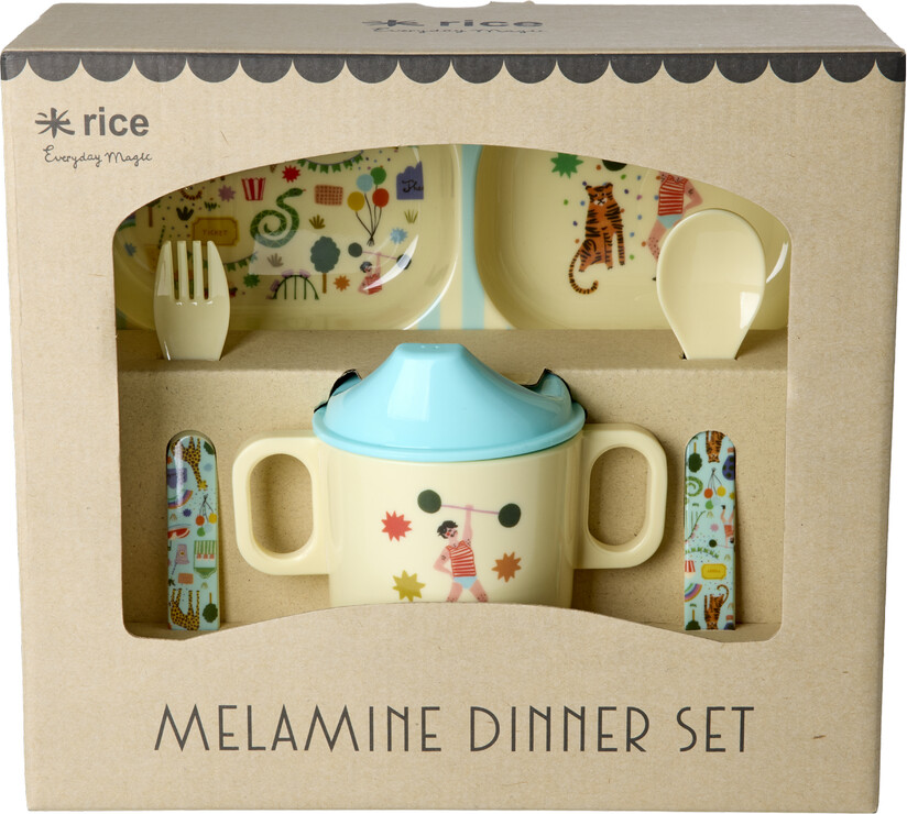 Rice - Melamine Baby Dinner Set - Fun Fair Print - Mint And Blue