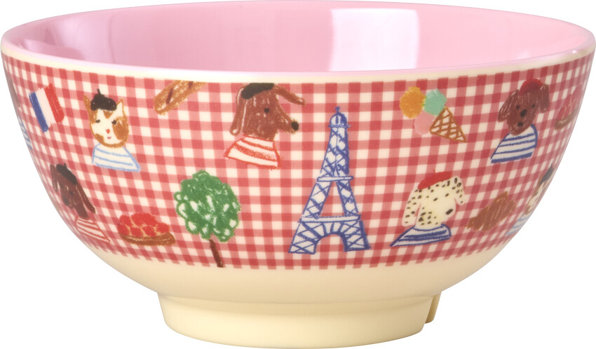 Rice - Melamine Bowl With Red Kids In Paris Print - Pink - 700 Ml