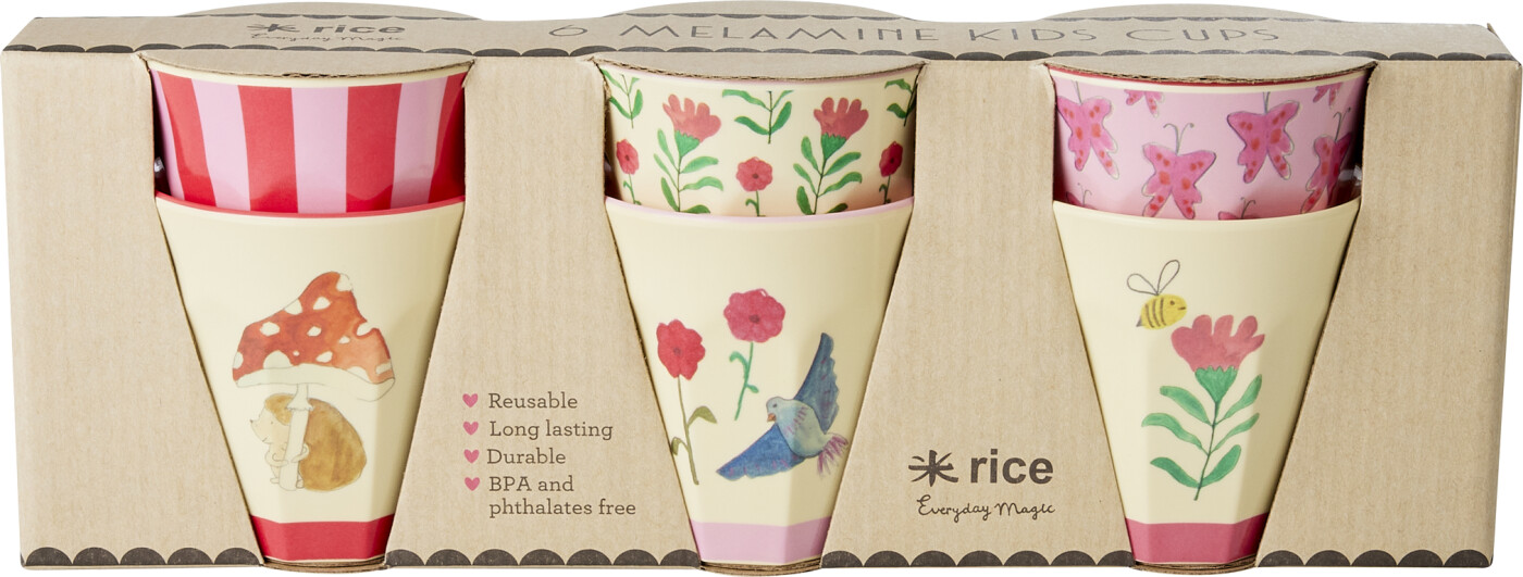 Rice - Melamine Cups With Happy Forest Prints - Pink - Small