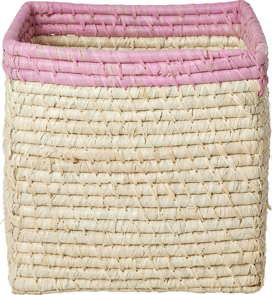 Rice - Raffia Basket Without Handles In Nature With Soft Pink Border - 20 Cm X 20 Cm X 20 Cm - Natural With Soft Pink Border