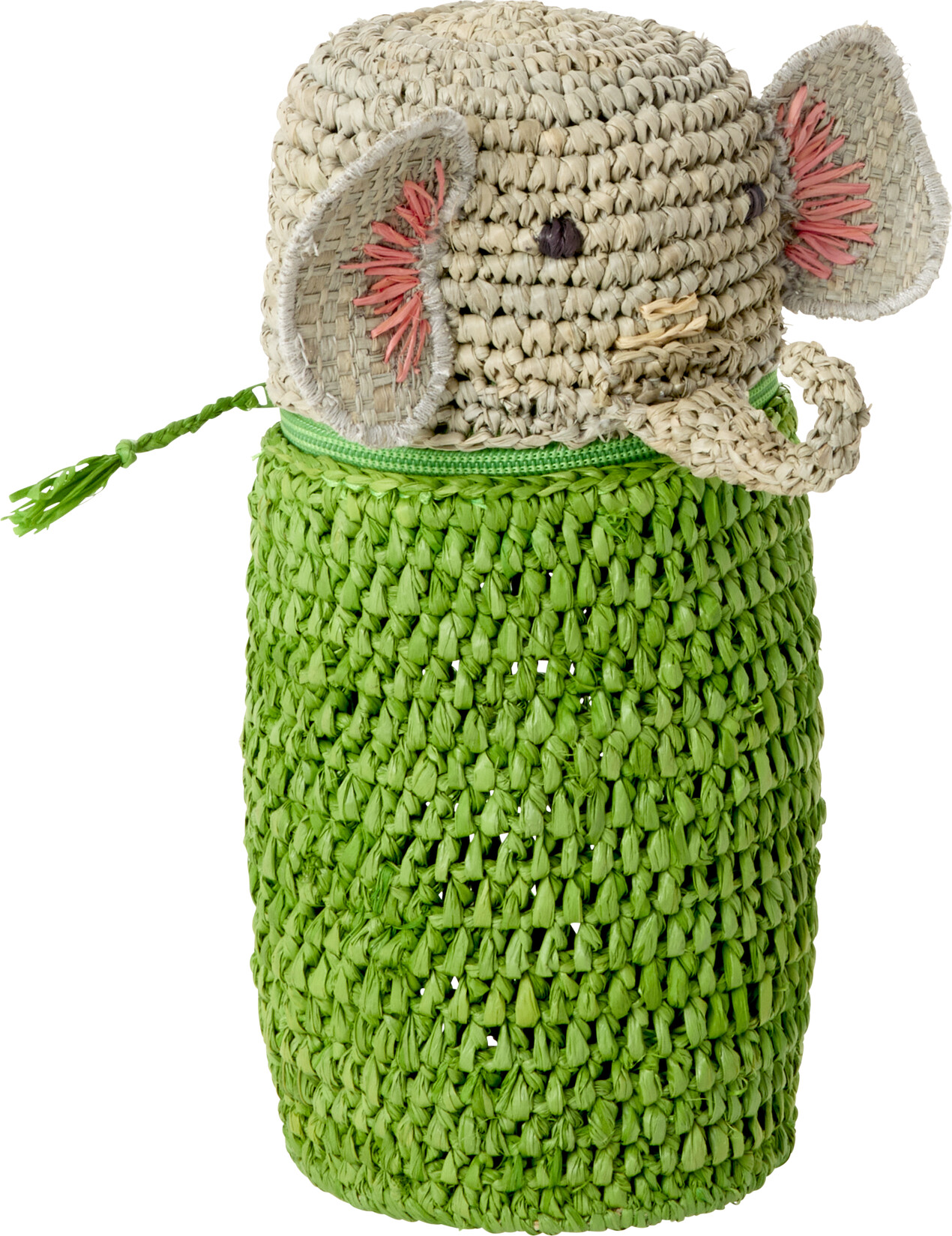 Rice - Raffia Crocheted Pencil Case/purse - Elephant Shape - Green