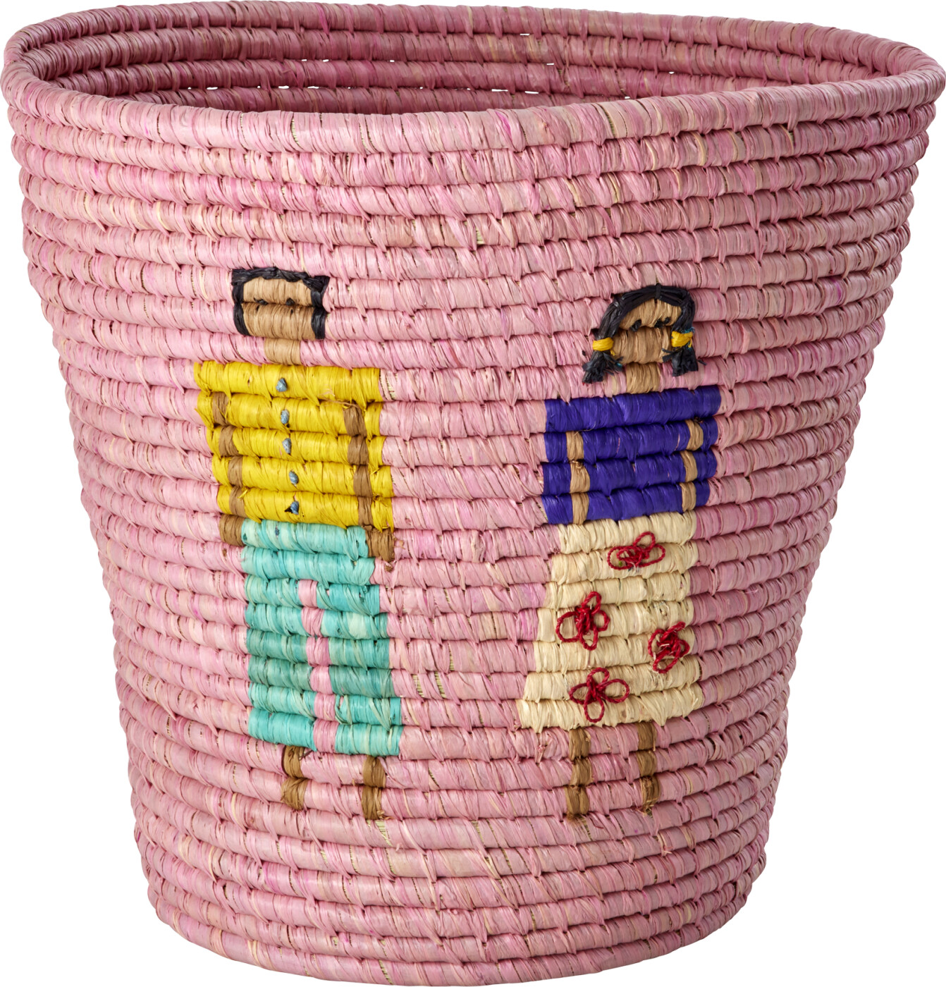 Rice - Raffia Round Basket With People And 3d Details - Pink