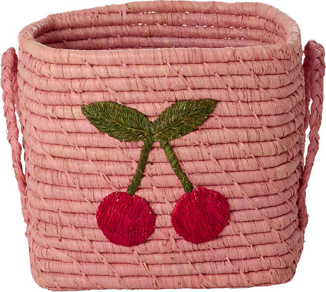 RICE Firkantet raffiakurv med stort kirsebærbroderi - Soft Pink - Small