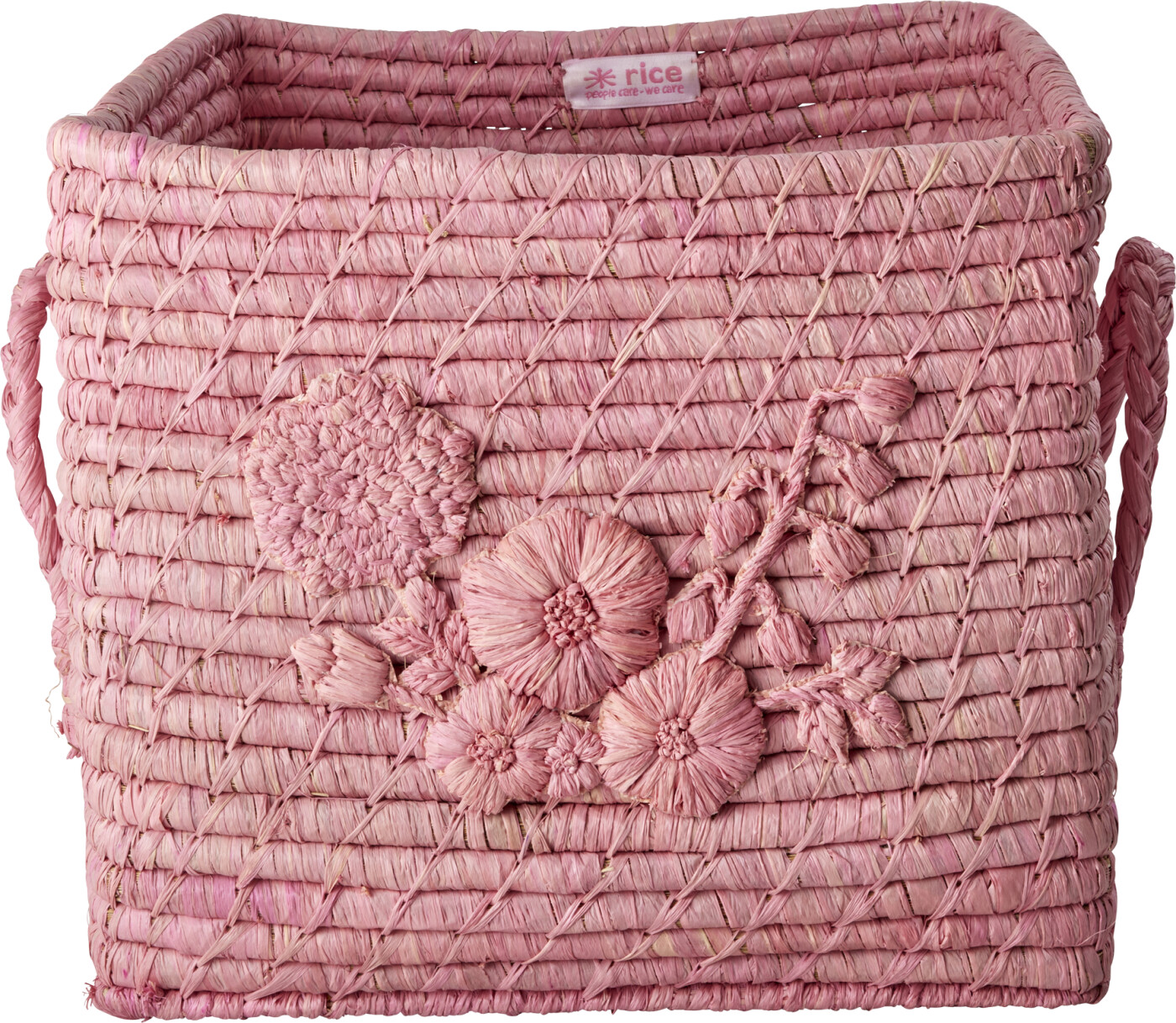 Rice - Raffia Square Basket With Flower Embroidery - Pink