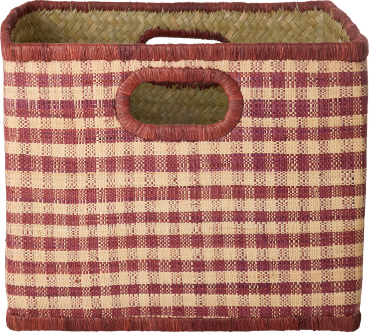 Rice - Raffia Square Basket With Handle Opening - Brown Checks - Large