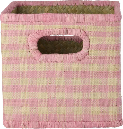 Rice - Raffia Square Basket With Handle Opening - Pink Checks - Small