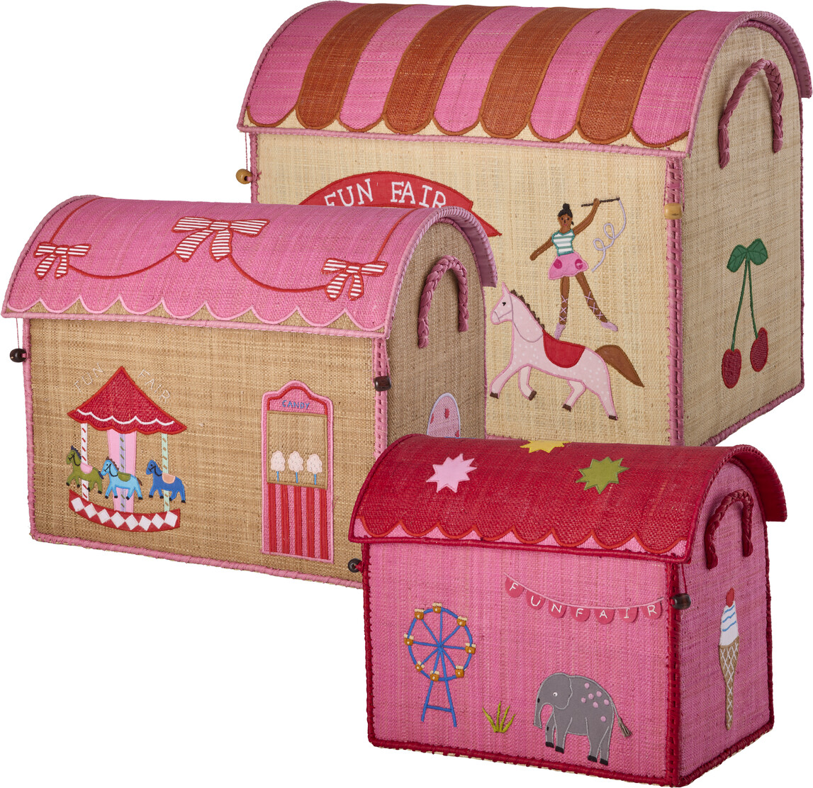 Rice - Raffia Toy Baskets With Fun Fair Theme - Pink - Set Of 3