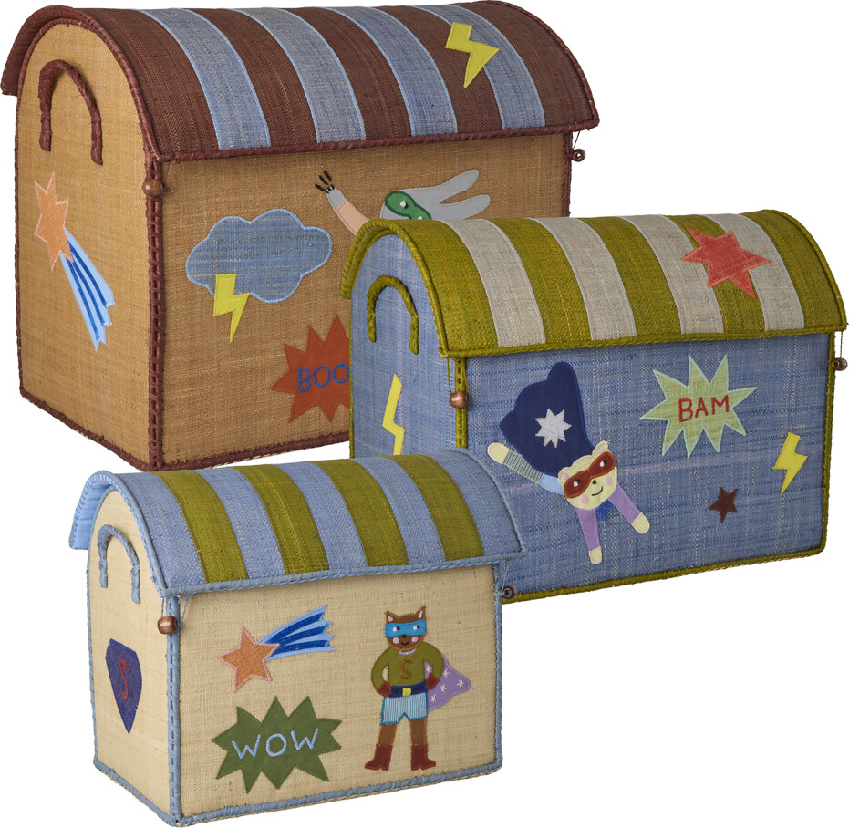 Rice - Raffia Toy Baskets With Hero Theme - Blue - Set Of 3 (large, Medium, Small)
