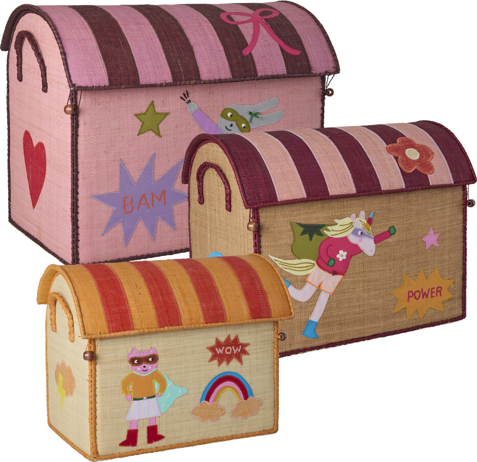Rice - Raffia Toy Baskets With Hero Theme - Pink - Large, Medium, Small