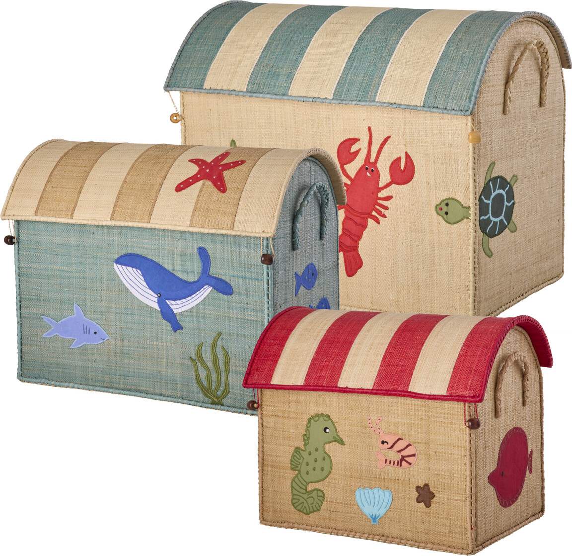 Rice - Raffia Toy Baskets With Ocean Theme - Set Of 3
