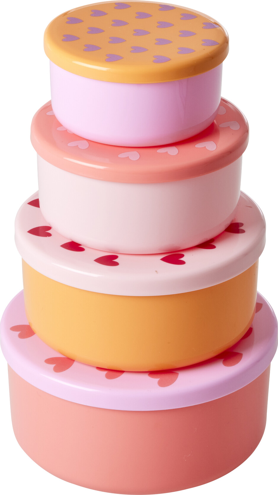 Rice - Round Plastic Food Boxes With Hearts Prints - Set Of 4