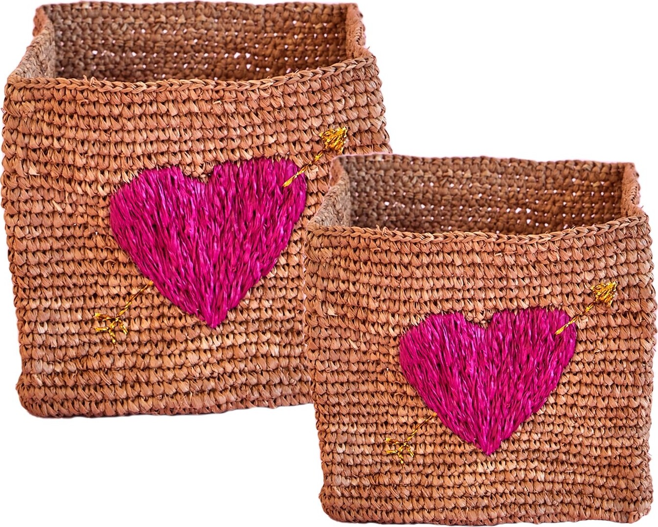 Rice - Square Raffia Storage Small And Large Tea With Red Heart