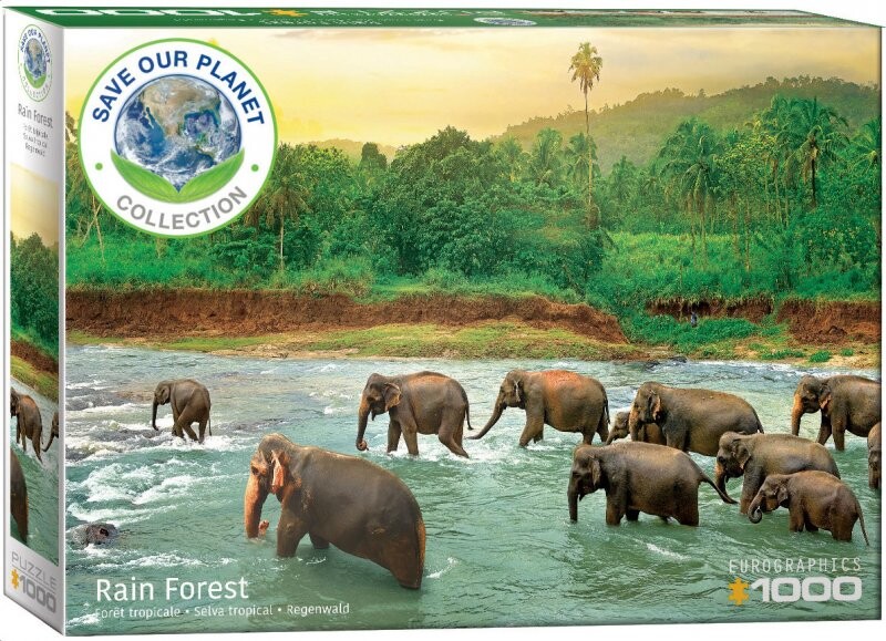 Puslespil Med 1000 Brikker - Regnskov Med Elefanter